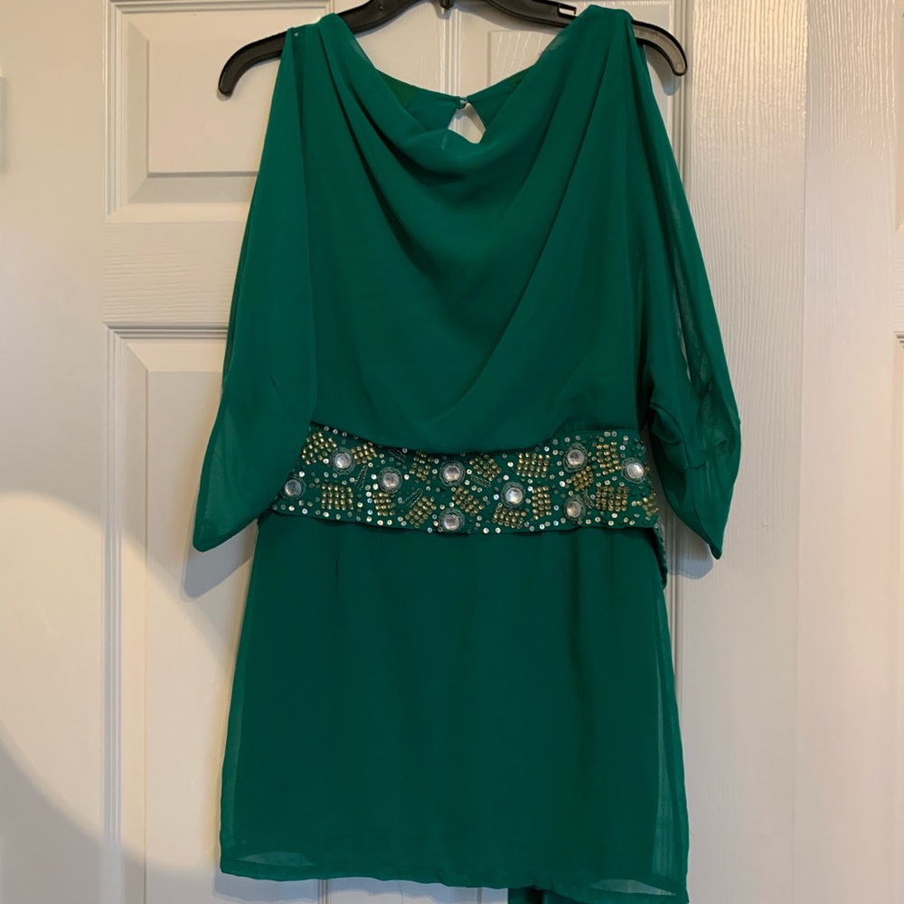 Beautiful green dress with beaded belt.